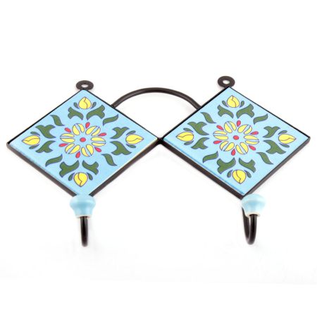 Turquoise And Forest Green Floral Tiles Hooks